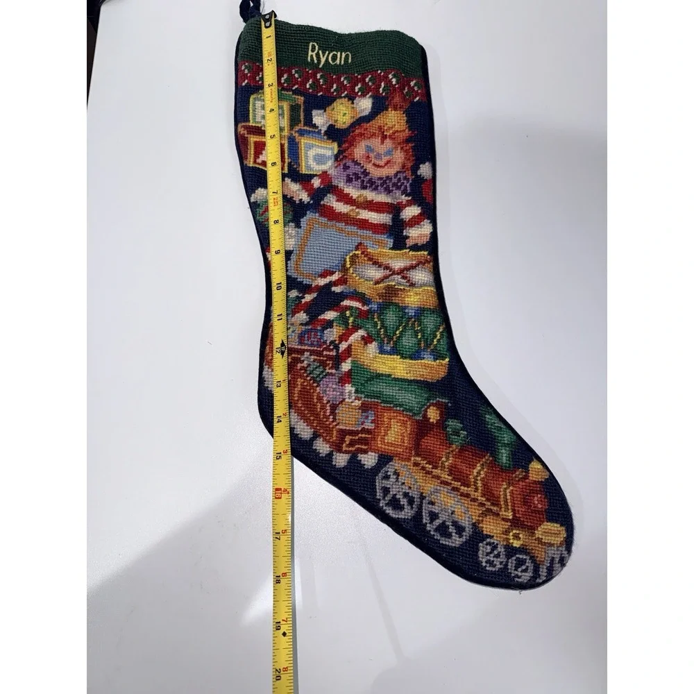 LANDS END Needlepoint Christmas Stocking Train Toys RYAN Velvet Backing Raggey A